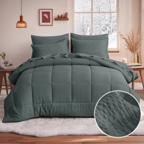 Aisbo Comforter Set with Sheets, 5 Piece Black Bed in a Bag, Soft Bedding Set with Fluffy Down Alternative Seersucker Comforter, Sheets, Pillowcase & Sham.