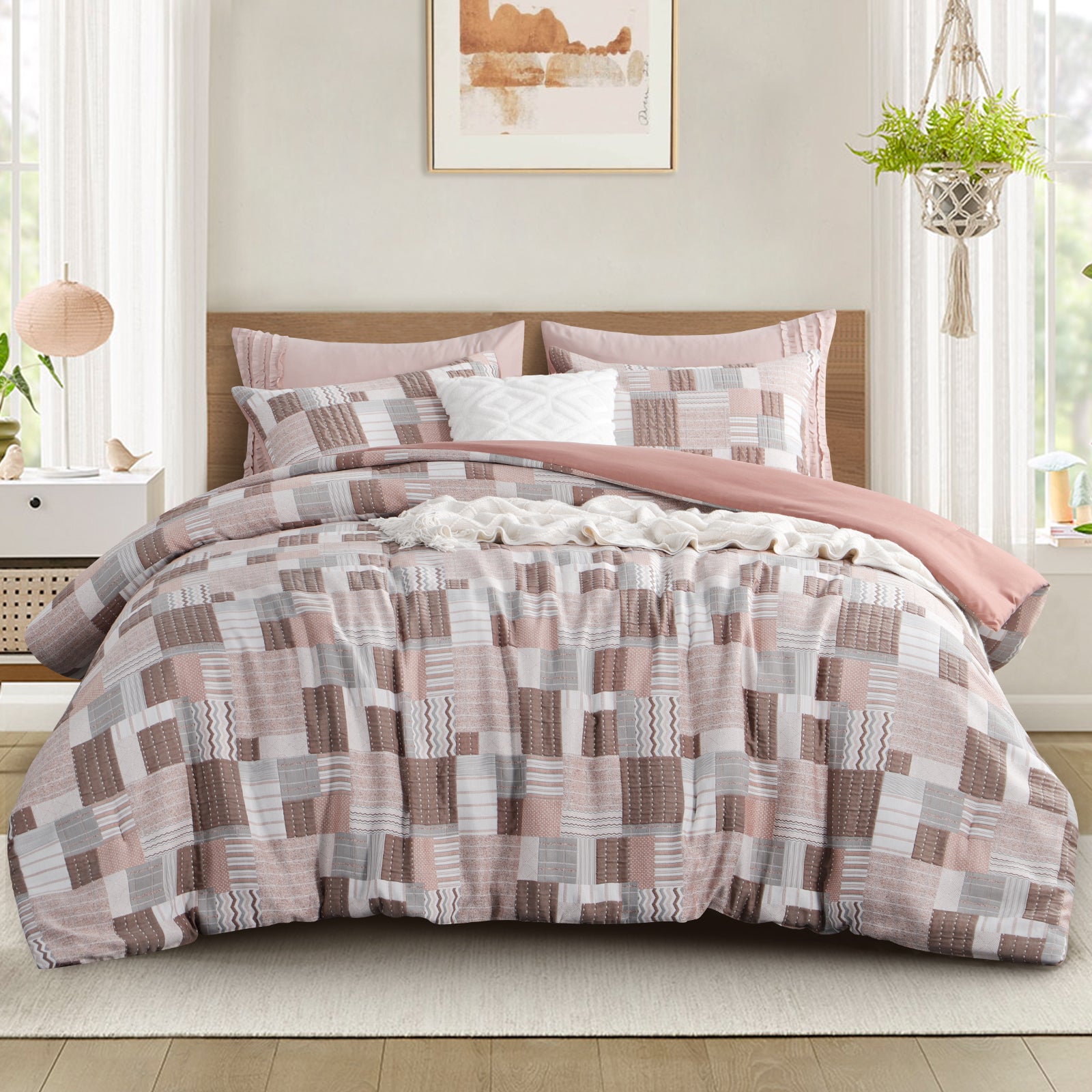 Aisbo Orange White Geometric Twin Comforter Set - Soft Textured Quilt, Breathable Rectangle Patchwork Bedding, 2-Piece Set (1 Comforter, 1 Pillowcase)