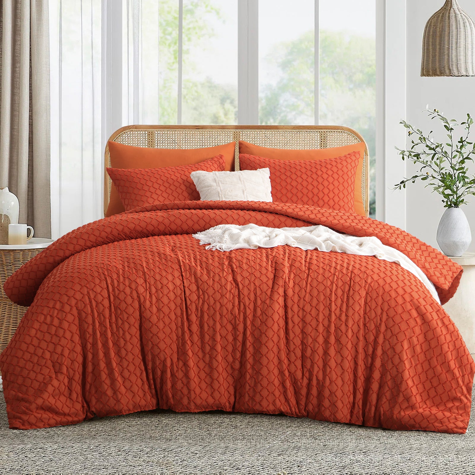 Aisbo Comforter Set, Boho Geometric Diamond Tufted Bedding, Soft Warm Textured Quilt, 3 Piece Rust Aesthetic Microfiber Bed Set (1 Comforter + 2 Pillowcases)