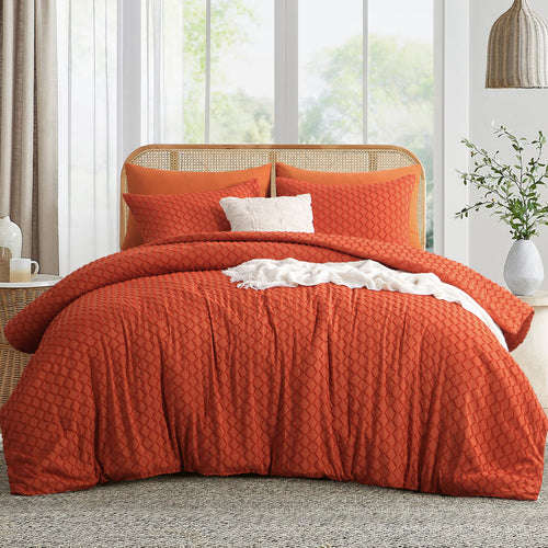 Aisbo Comforter Set, Boho Geometric Diamond Tufted Bedding, Soft Warm Textured Quilt, 3 Piece Rust Aesthetic Microfiber Bed Set (1 Comforter + 2 Pillowcases)