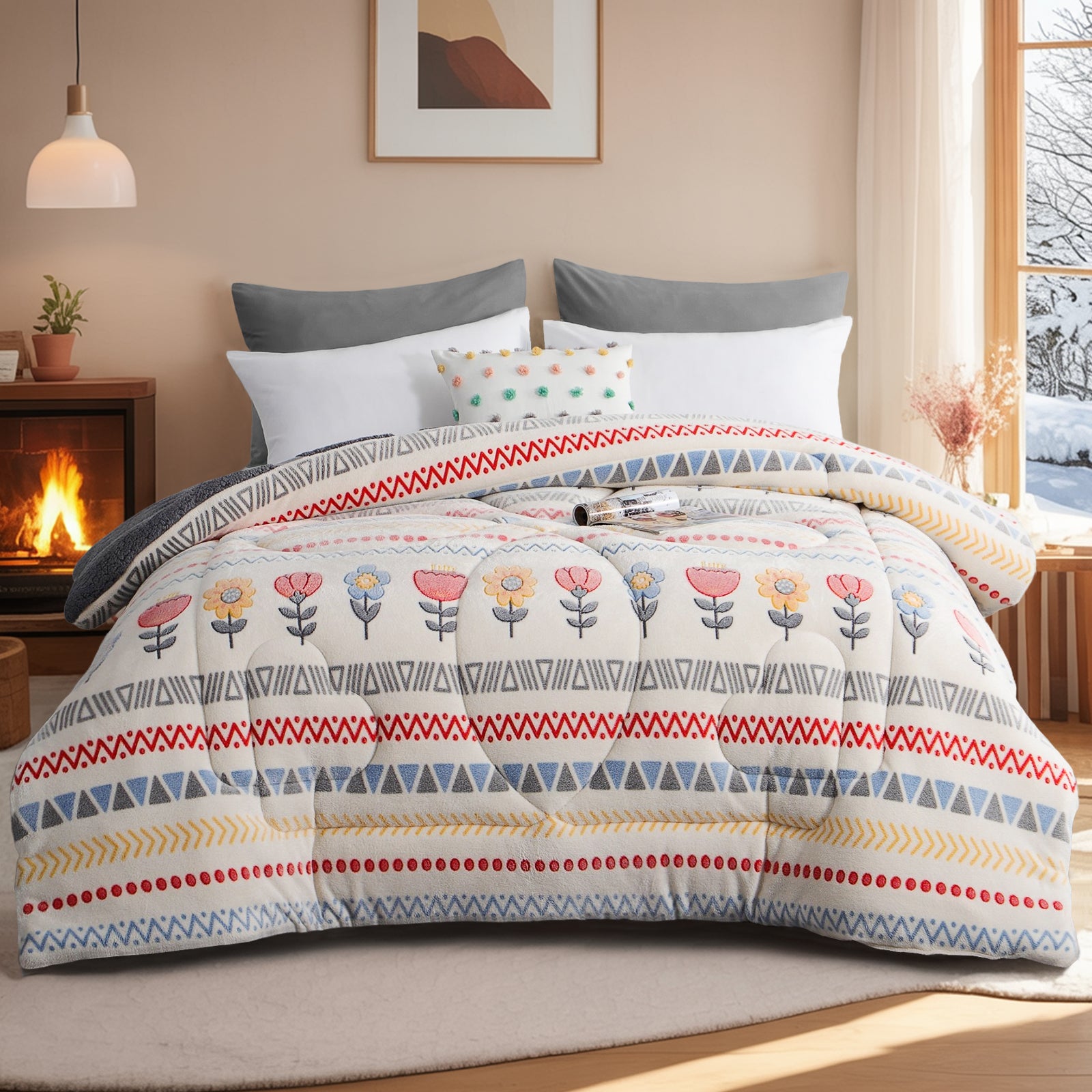 Aisbo Comforter, Boho Floral Stripe Pattern, Fleece Material, All Season Bedding.
